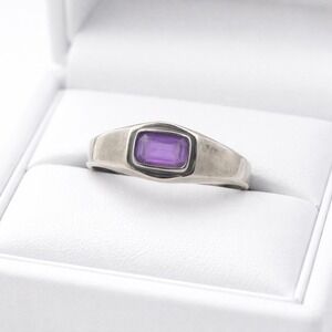 Sterling Silver Amethyst Emerald Cut Bezel Set Signet Ring Size 8 Purple Gem